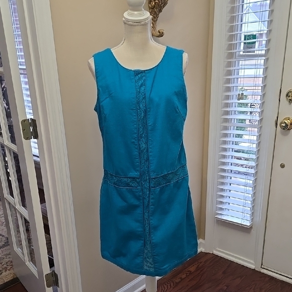 Jessica Simpson turquoise cotton linen dress lace insert sleeveless lined 14 EUC - Picture 1 of 7